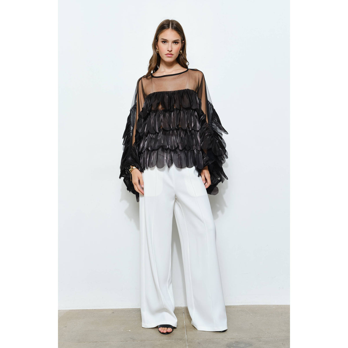 Black Shimmer Organza Scallop Ruffle Layered Blouse