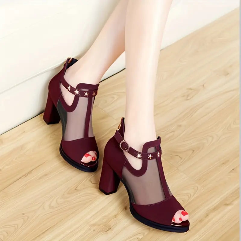 Mesh Peep-Toe Chunky Heel Sandals with Golden Star Accents