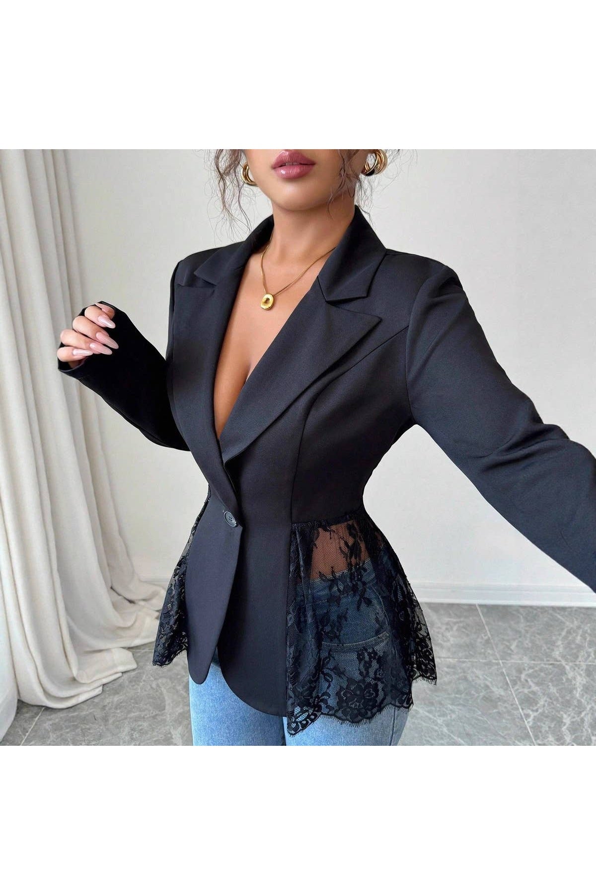 Black Contrast Lace Waist A-Line Blazer