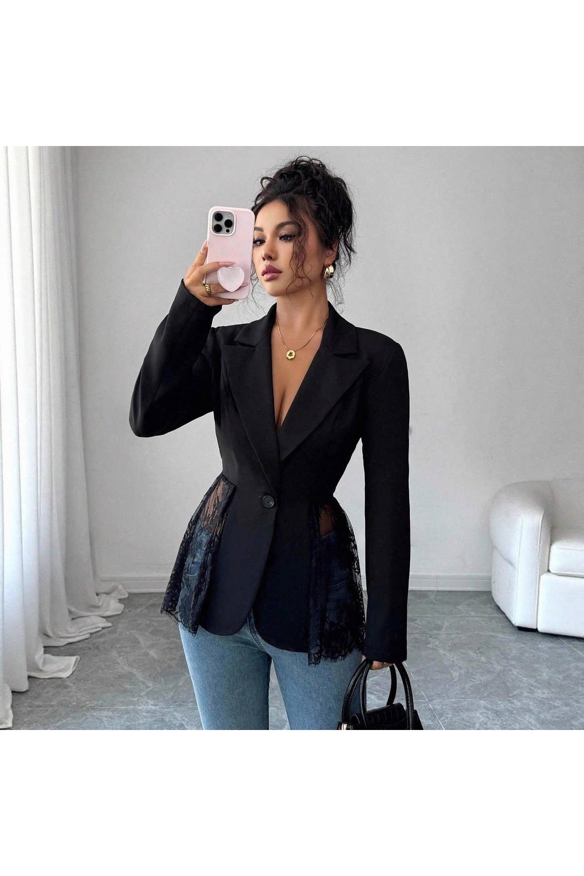 Black Contrast Lace Waist A-Line Blazer