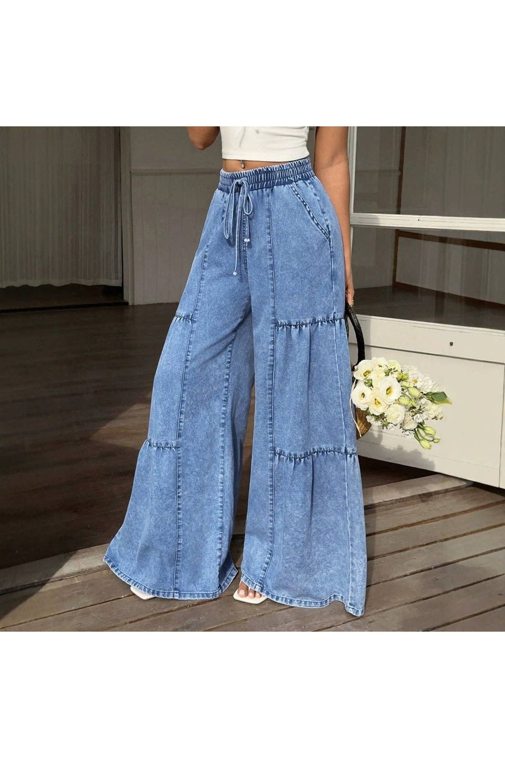 Blue Washed Drawstring Tiered Wide Leg Denim Pants