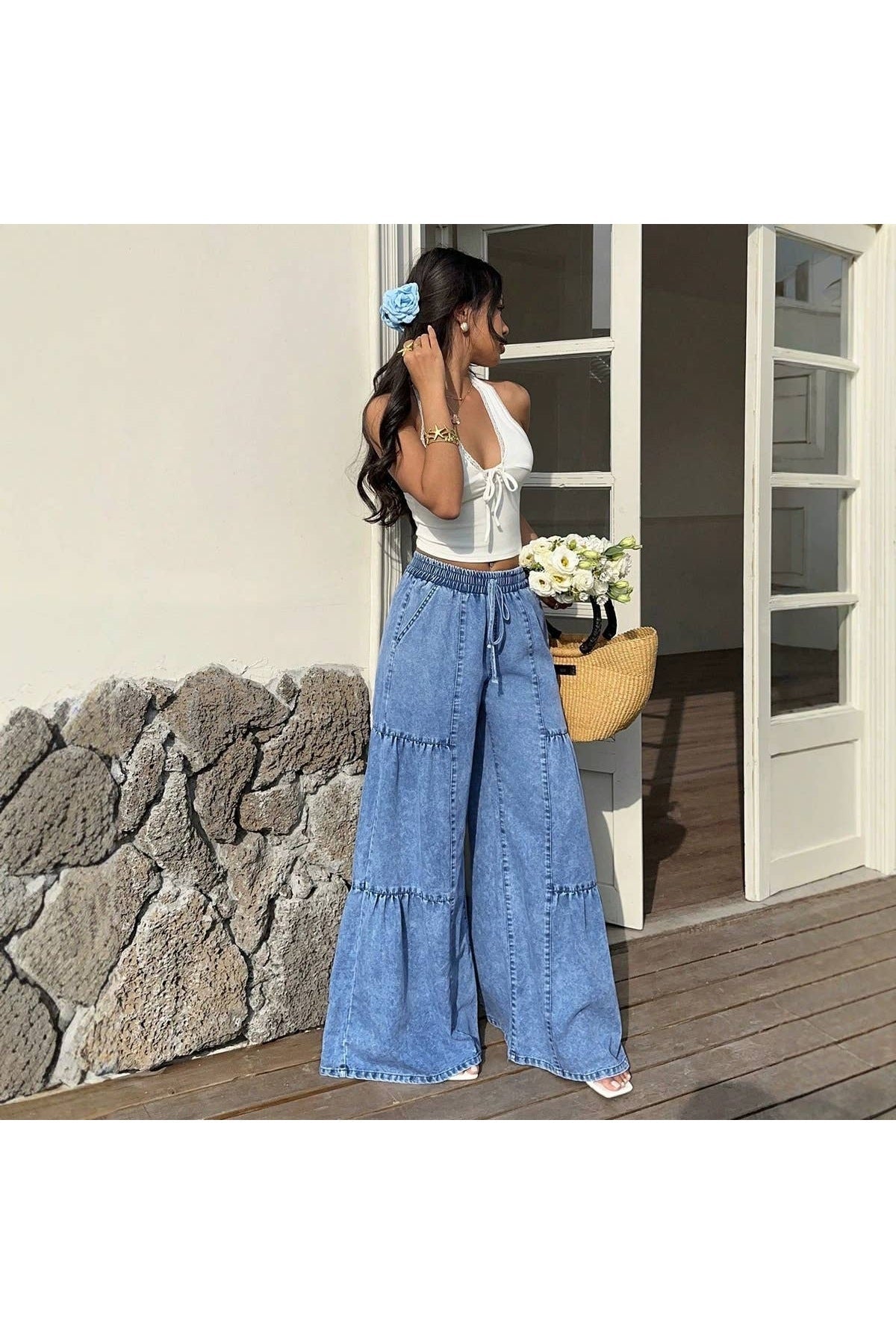 Blue Washed Drawstring Tiered Wide Leg Denim Pants