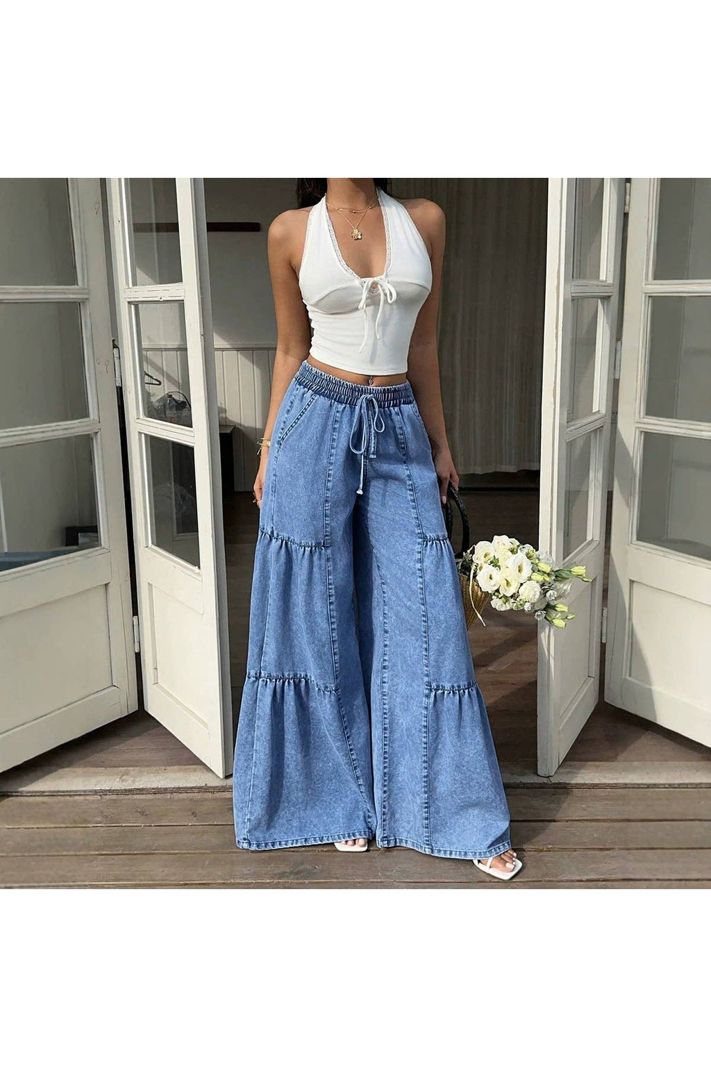 Blue Washed Drawstring Tiered Wide Leg Denim Pants
