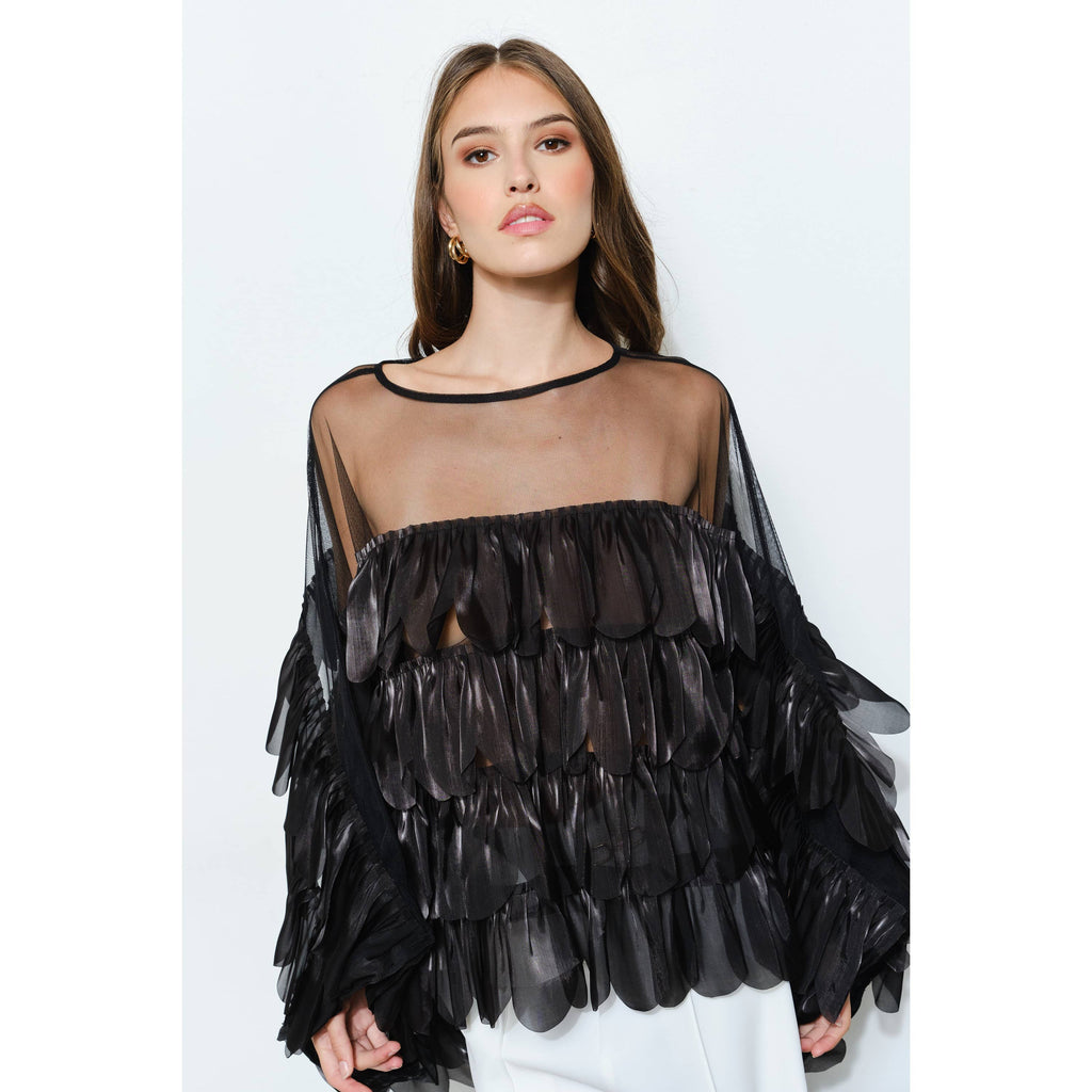 Black Shimmer Organza Scallop Ruffle Layered Blouse