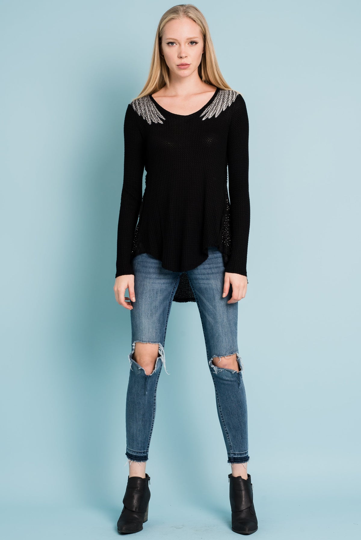 Black Eagle Wing Rhinestone High-Low Top