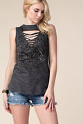 Charcoal Motorcycle Print Rhinestone Tank Top