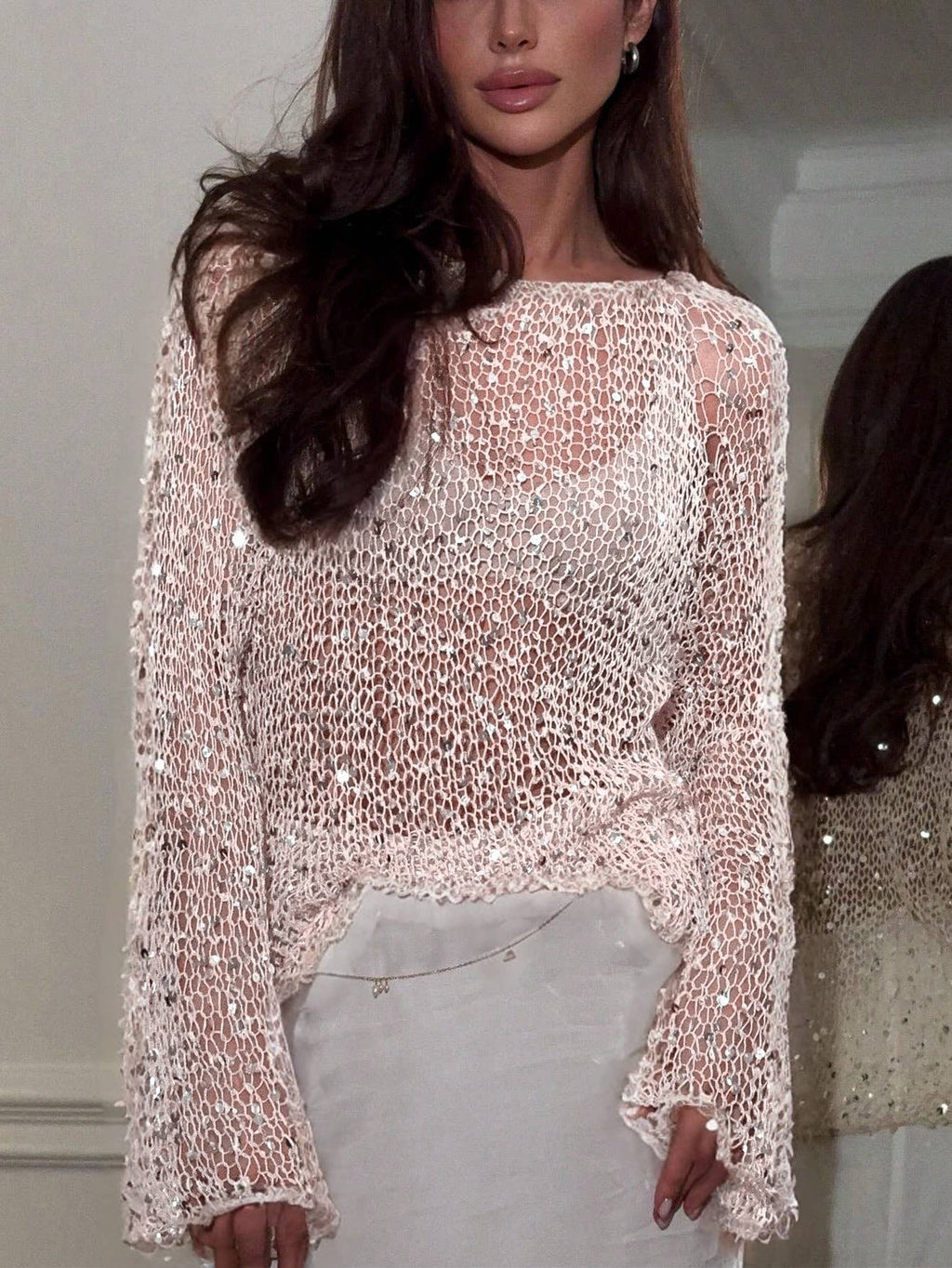 Champagne Sequin Embellished Knit Top