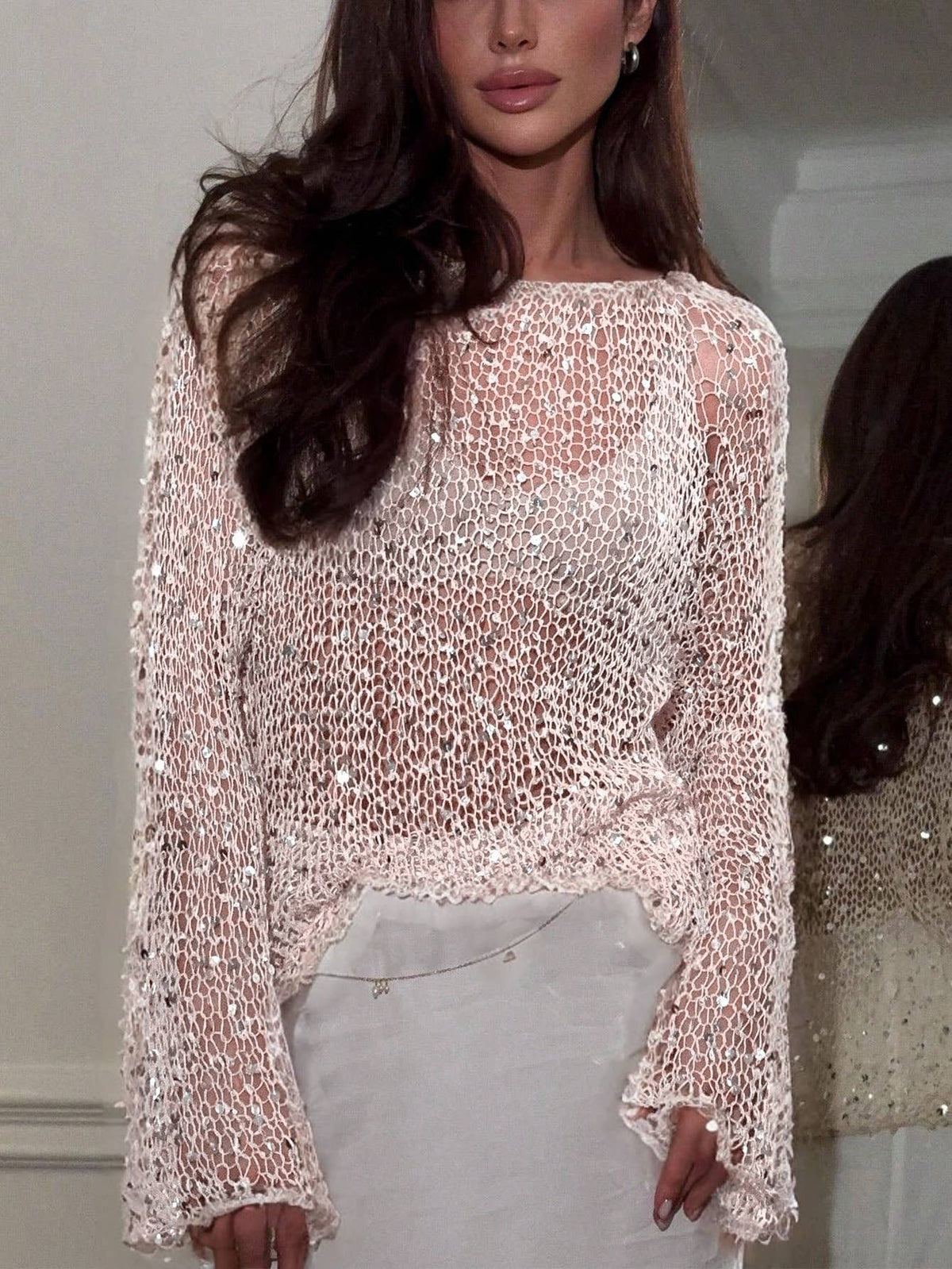 Champagne Sequin Embellished Knit Top