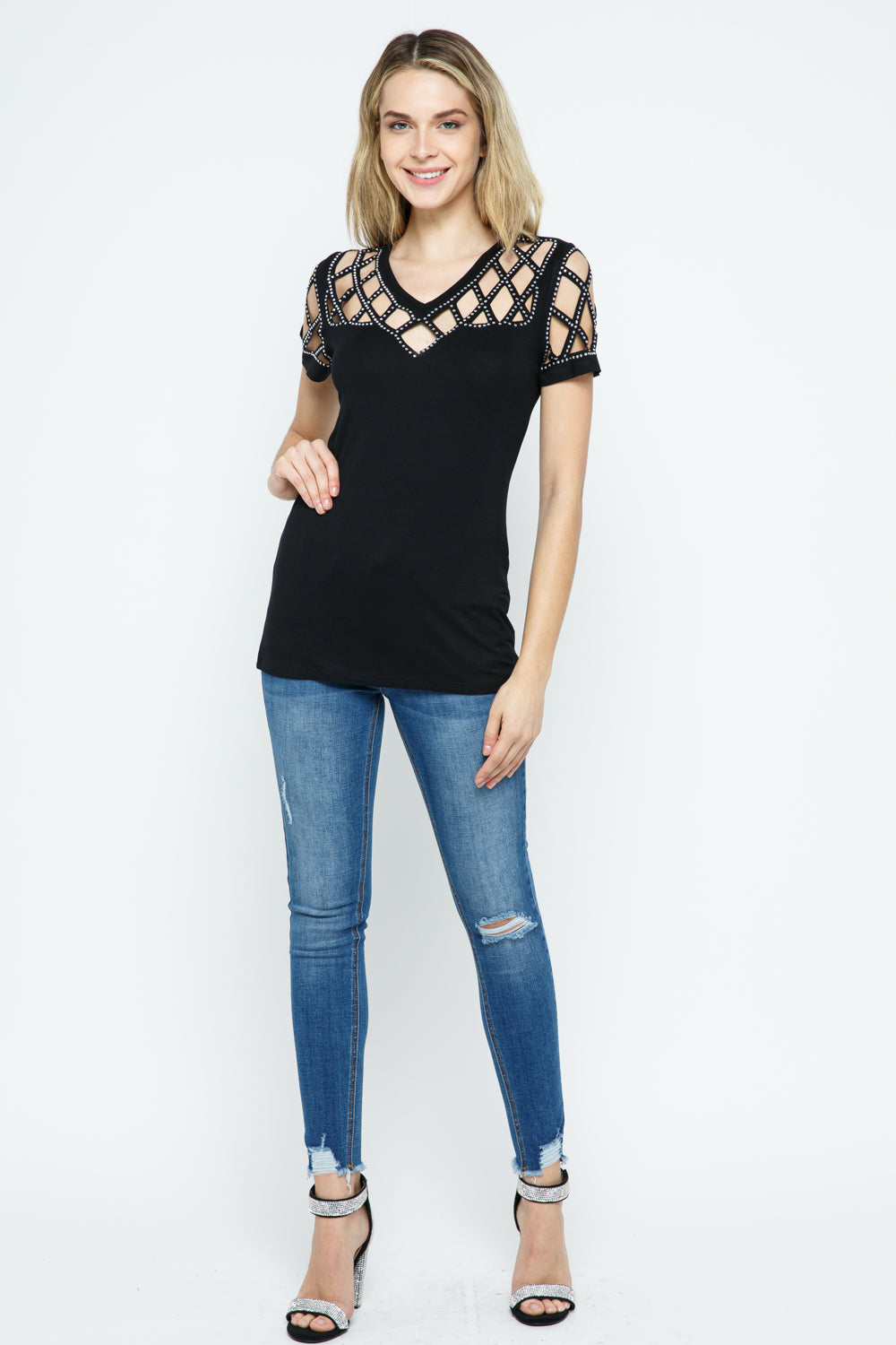 Black Laser Cut Diamond Rhinestone Top
