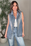 Blue Crystal Fringe Denim Vest