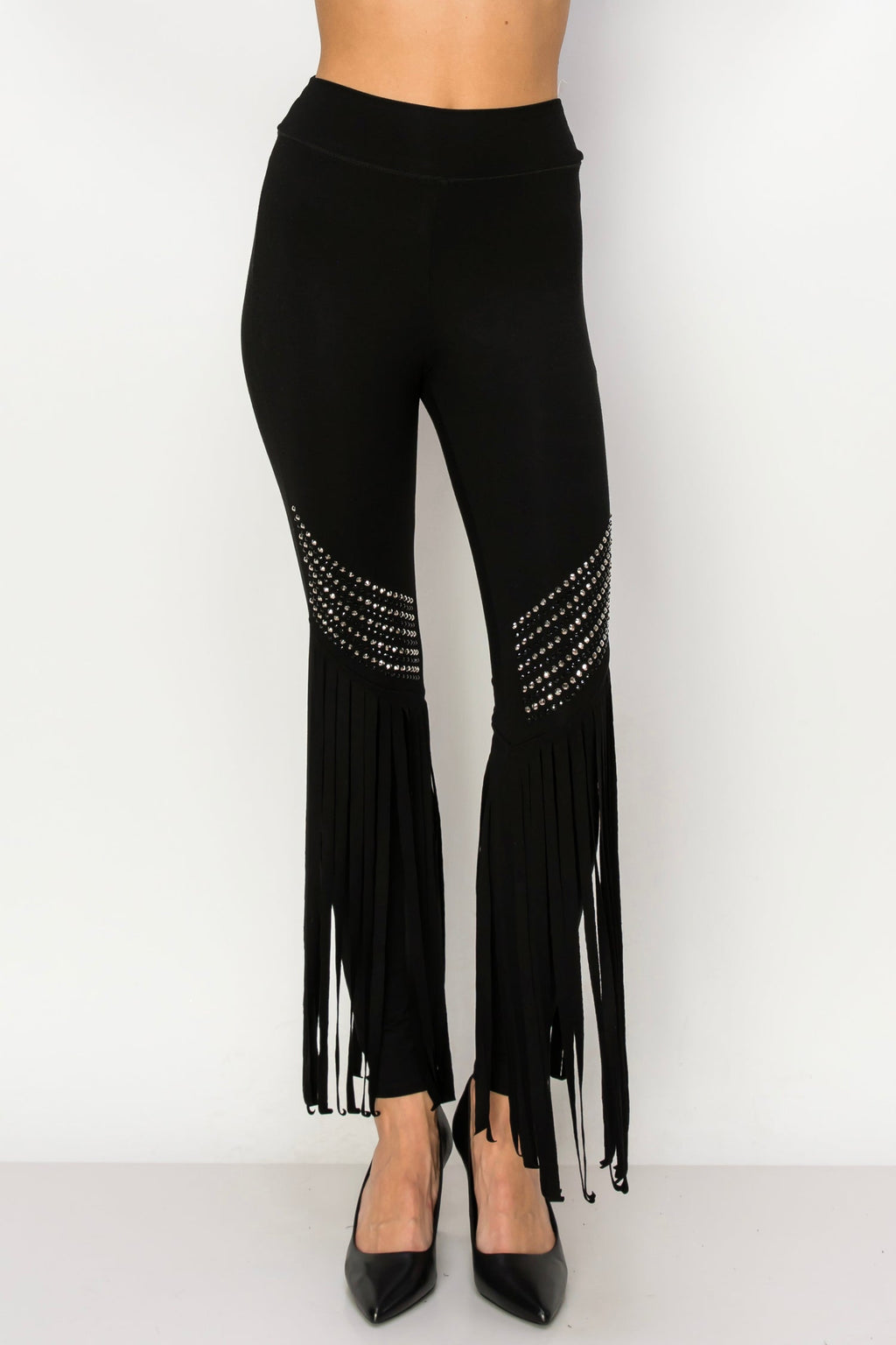 Black Rhinestone Fringe Banded Waist Leggings