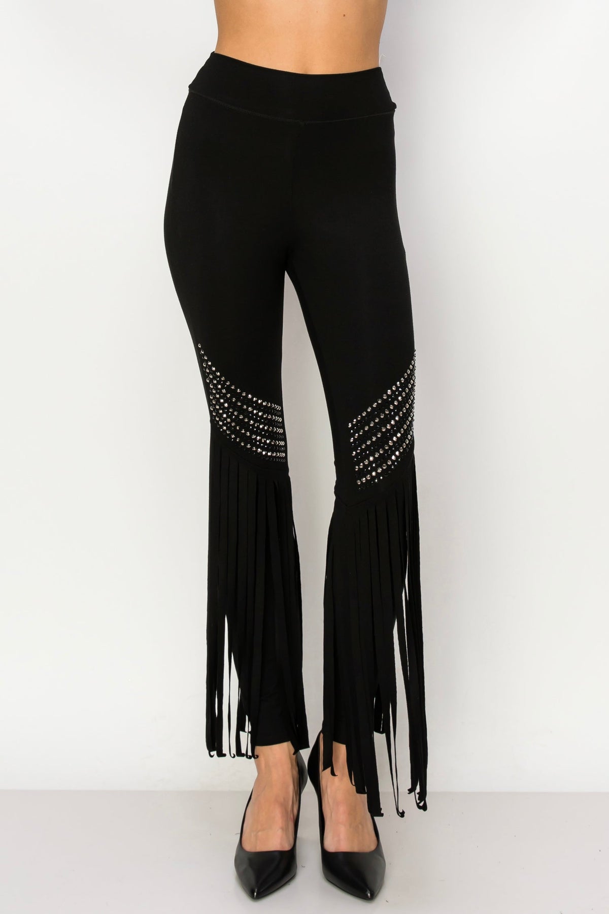 Black Rhinestone Fringe Banded Waist Leggings