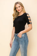 Black Cold Shoulder Rhinestone Strap Top