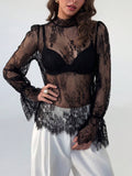 Black Sheer Lace Bell Sleeve Blouse