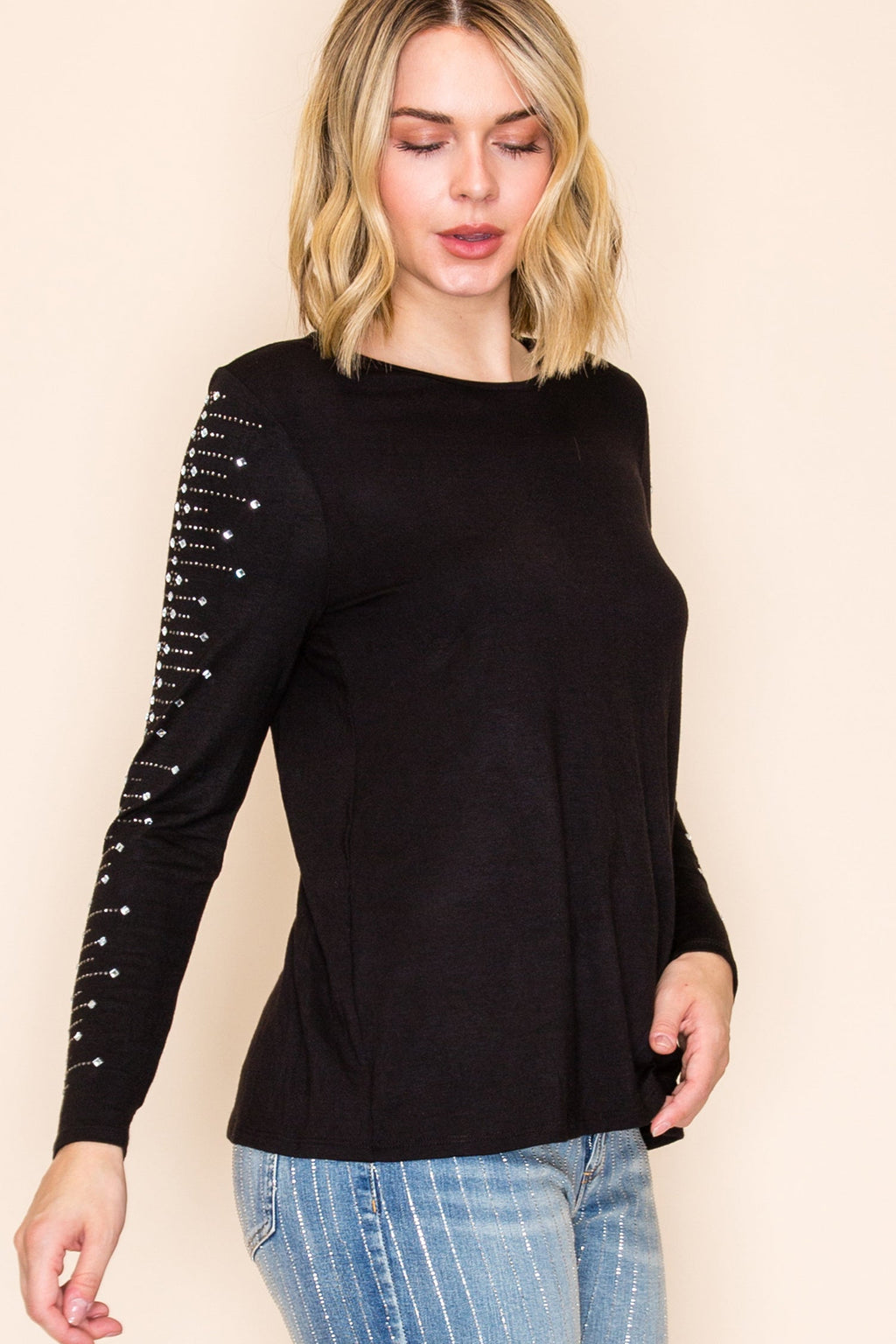 Black Crystal Sleeve Long Sleeve Top