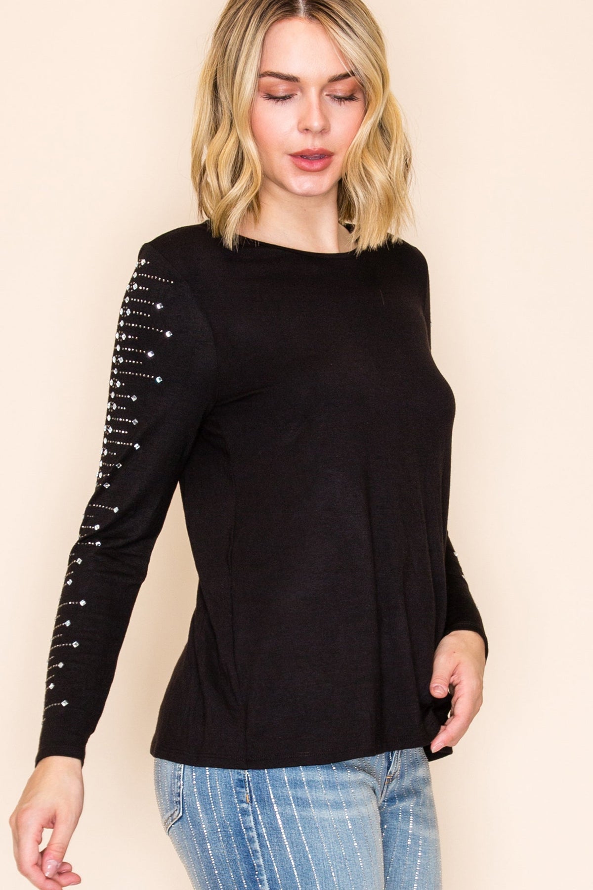 Black Crystal Sleeve Long Sleeve Top