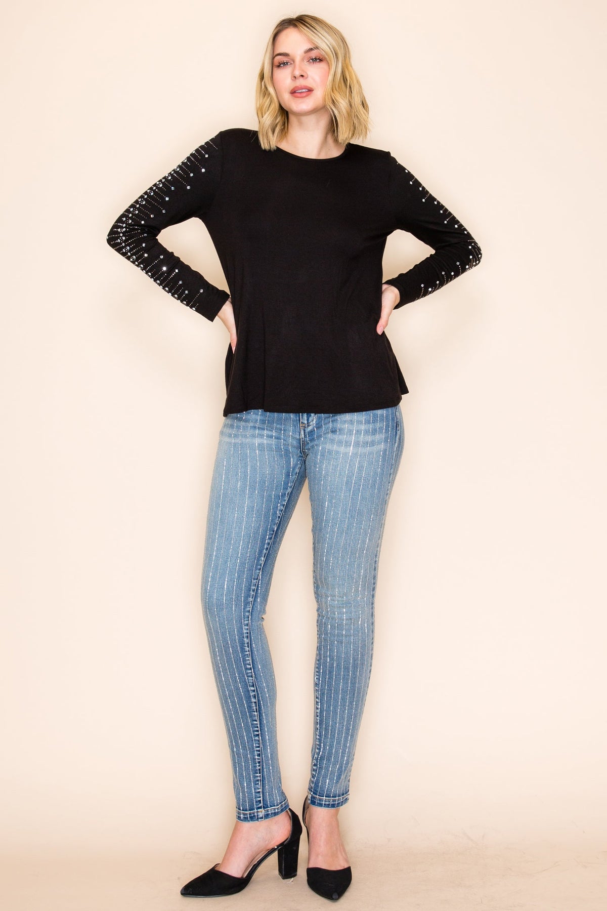 Black Crystal Sleeve Long Sleeve Top