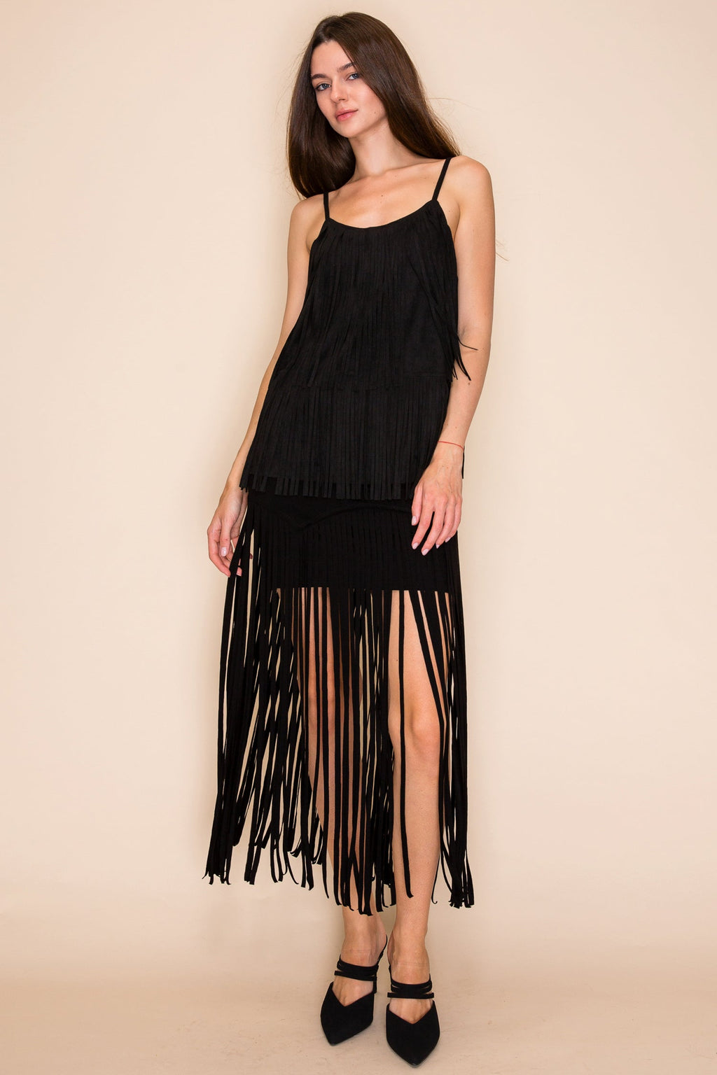 Black Fringe Stud Maxi Skirt