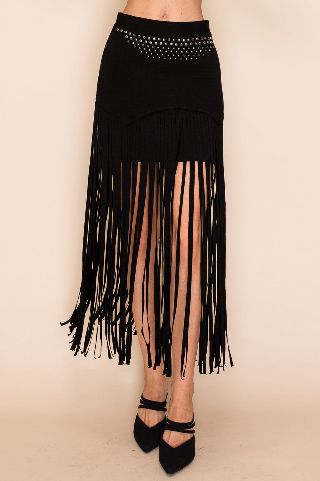 Black Fringe Stud Maxi Skirt