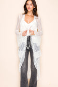 Cream Front Tie Long Cardigan with Lace Trim