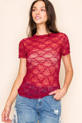 Burgundy Scalloped Lace Short Sleeve Top