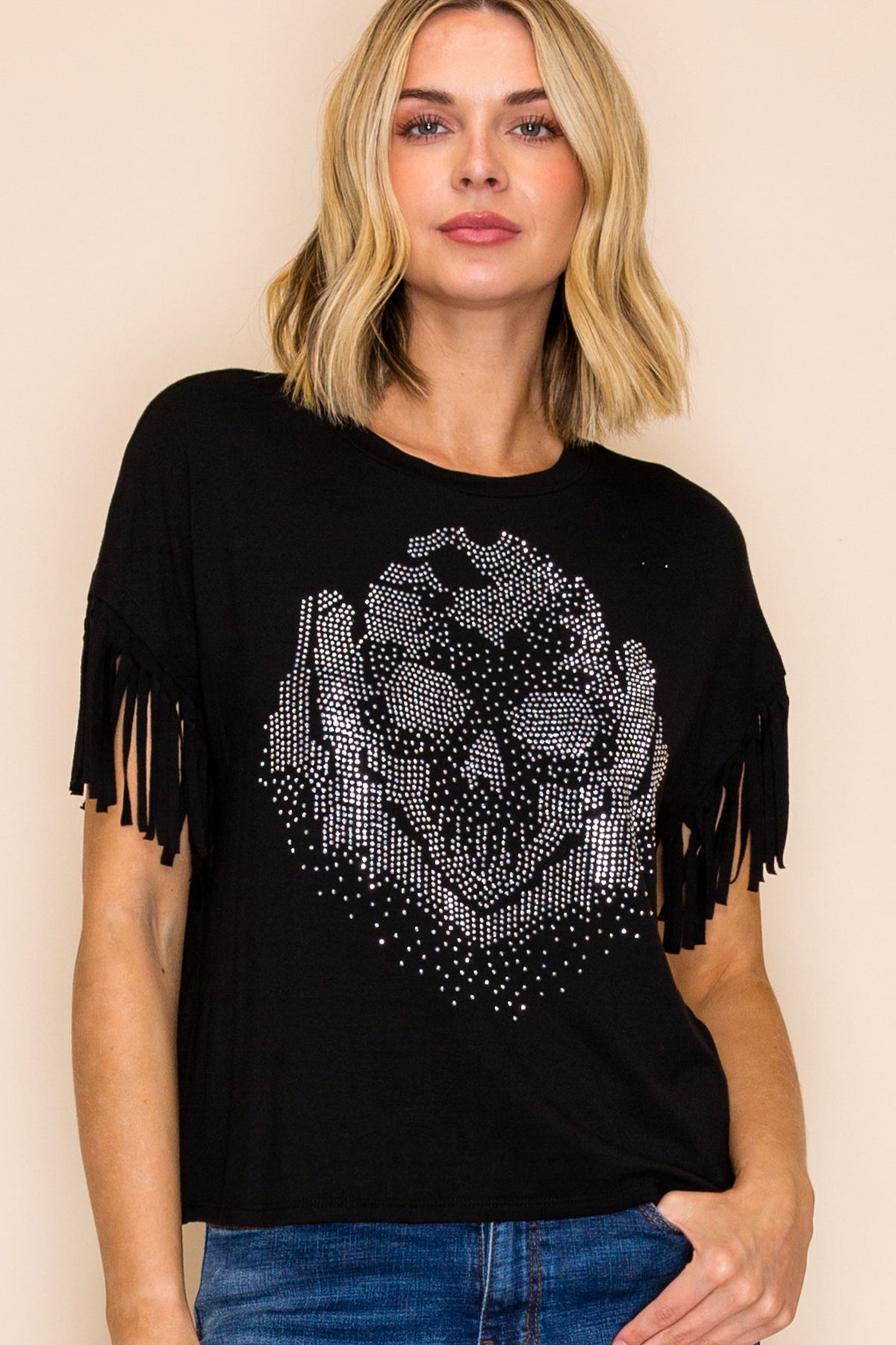 Black Crystal Skull Fringe Graphic Tee