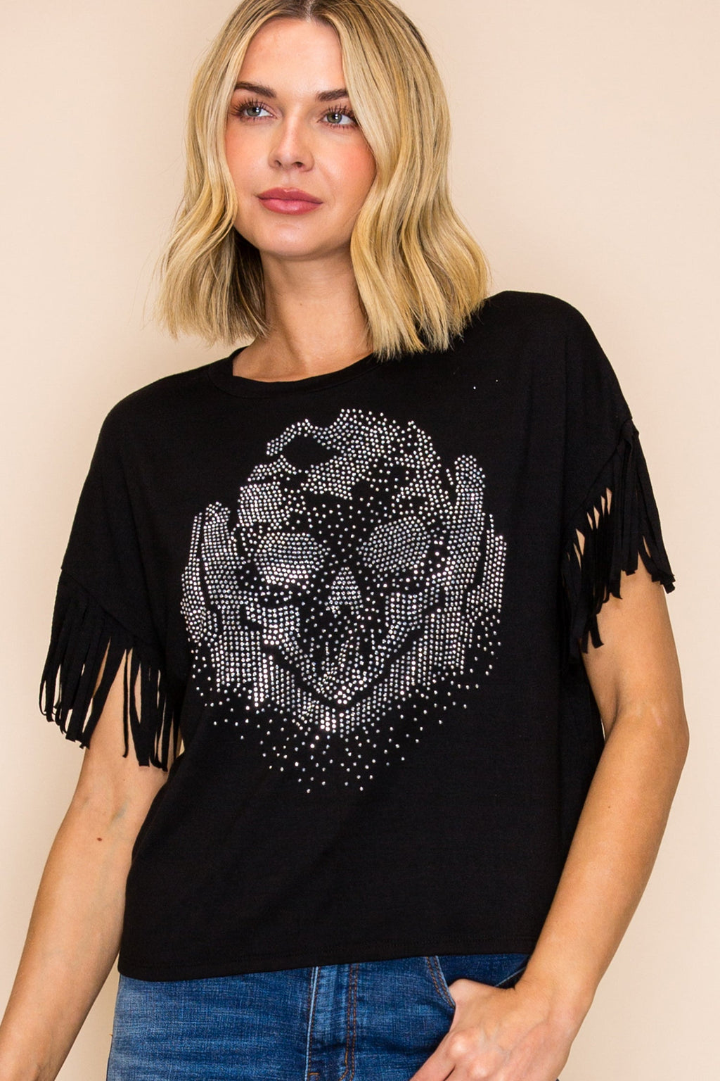Black Crystal Skull Fringe Graphic Tee