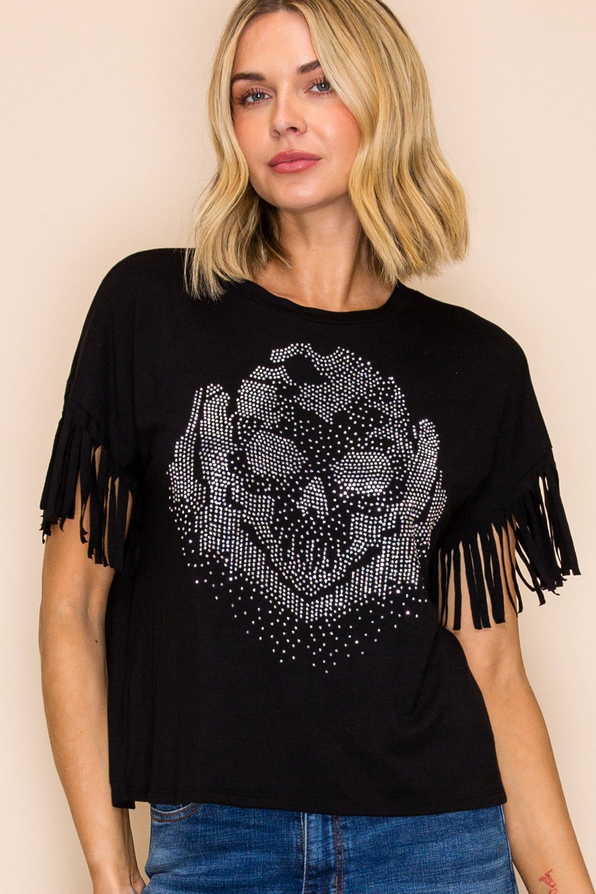 Black Crystal Skull Fringe Graphic Tee