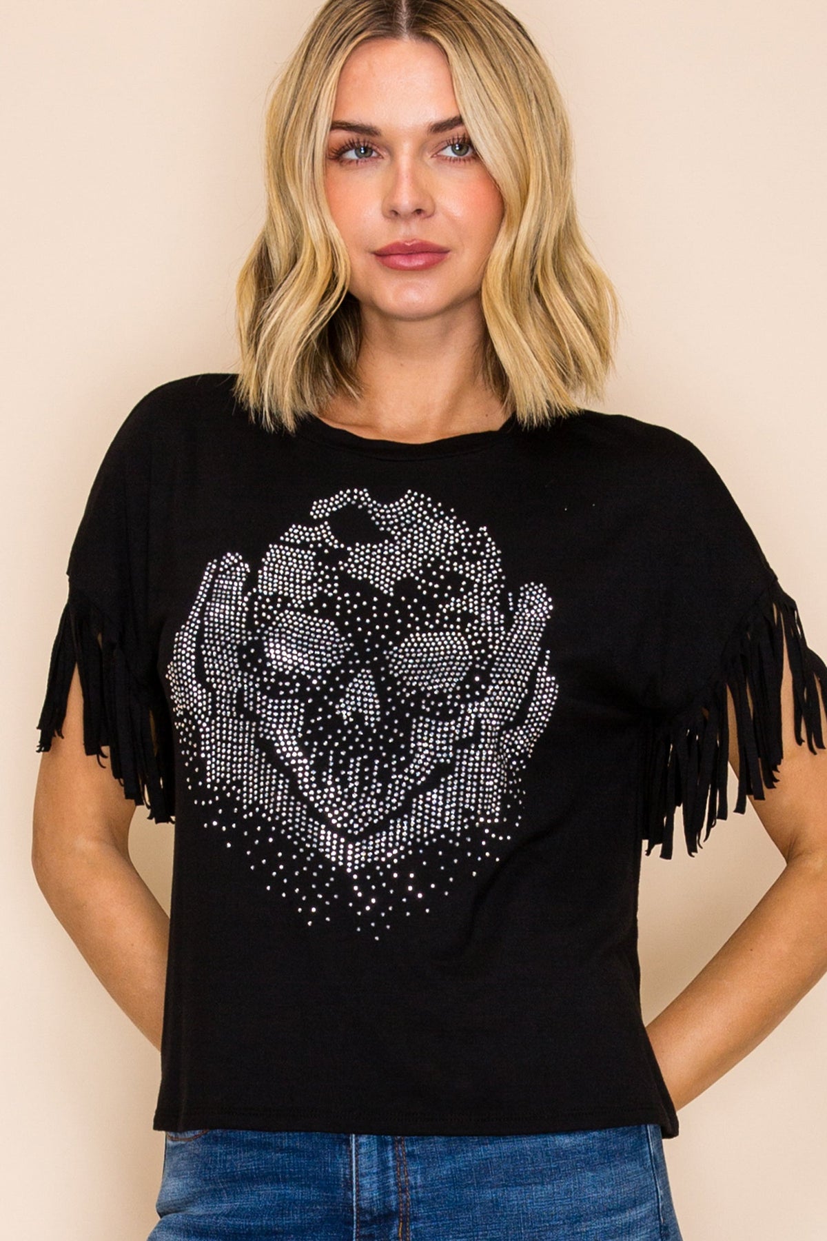 Black Crystal Skull Fringe Graphic Tee