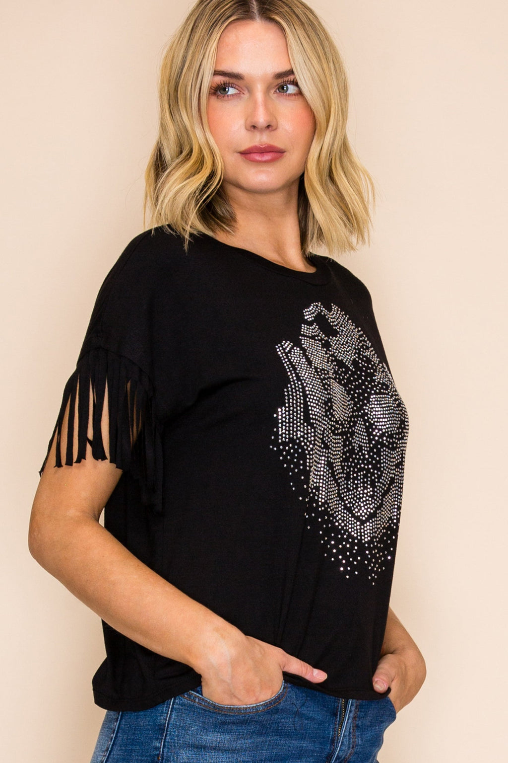 Black Crystal Skull Fringe Graphic Tee