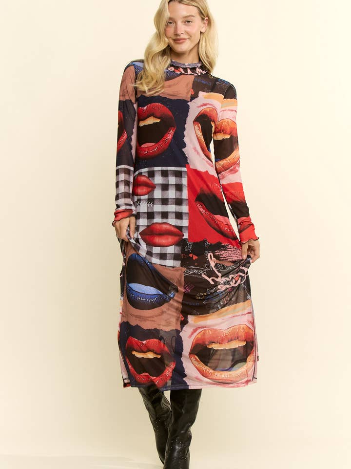 Black Collage Lip Print Mesh Dress