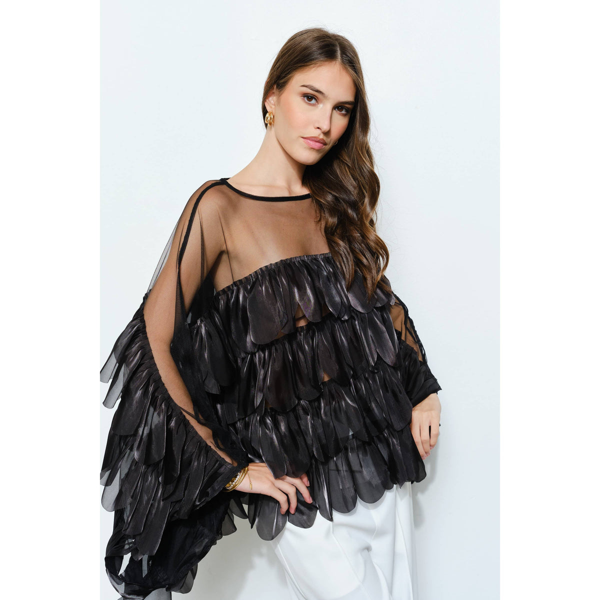 Black Shimmer Organza Scallop Ruffle Layered Blouse
