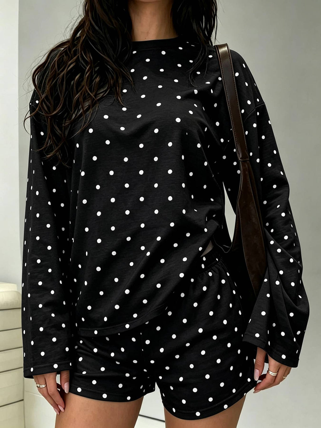 Black Polka Dot Long Sleeve Top and Shorts Set
