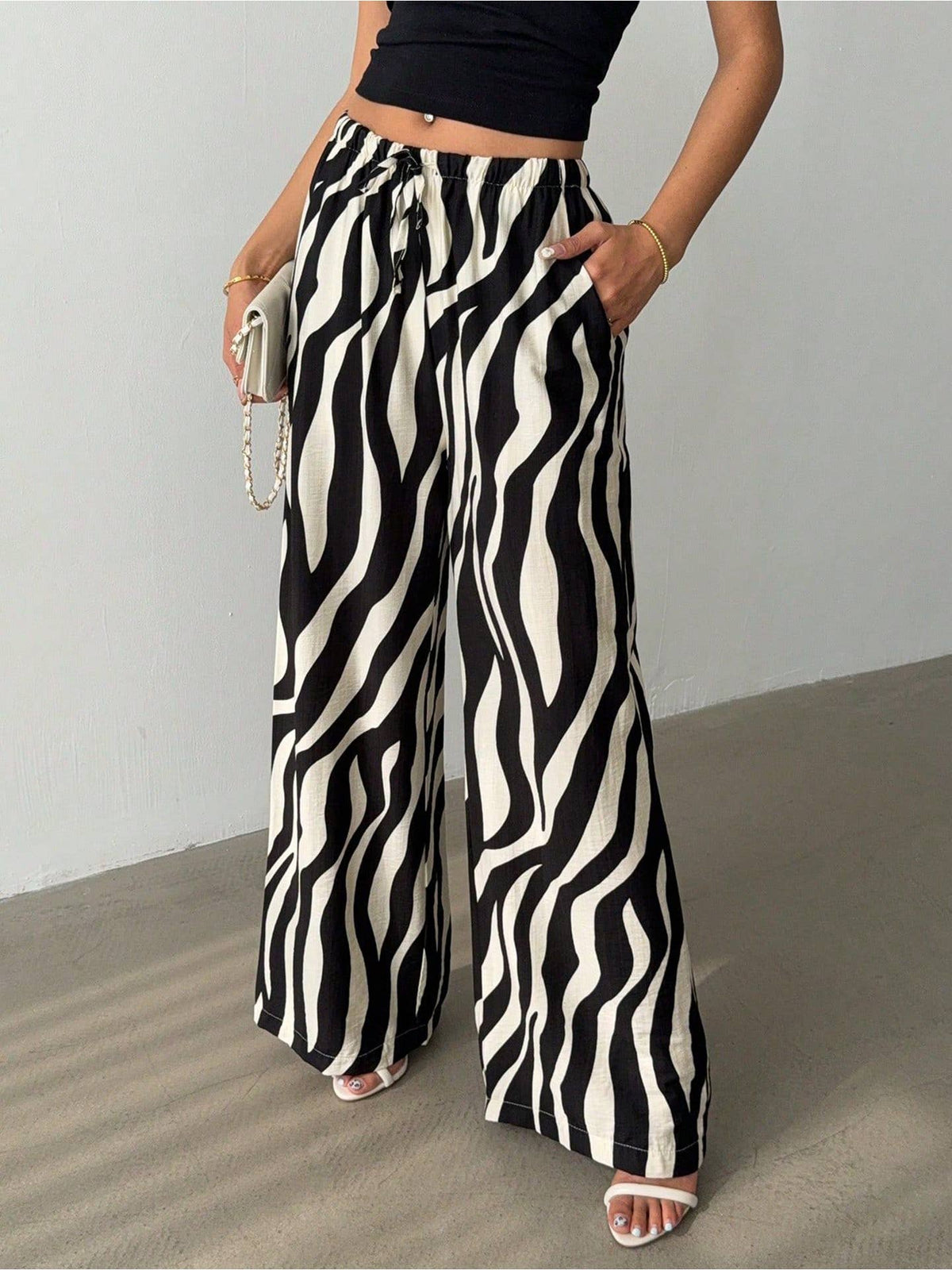 Black Zebra Print Drawstring Wide Leg Pants