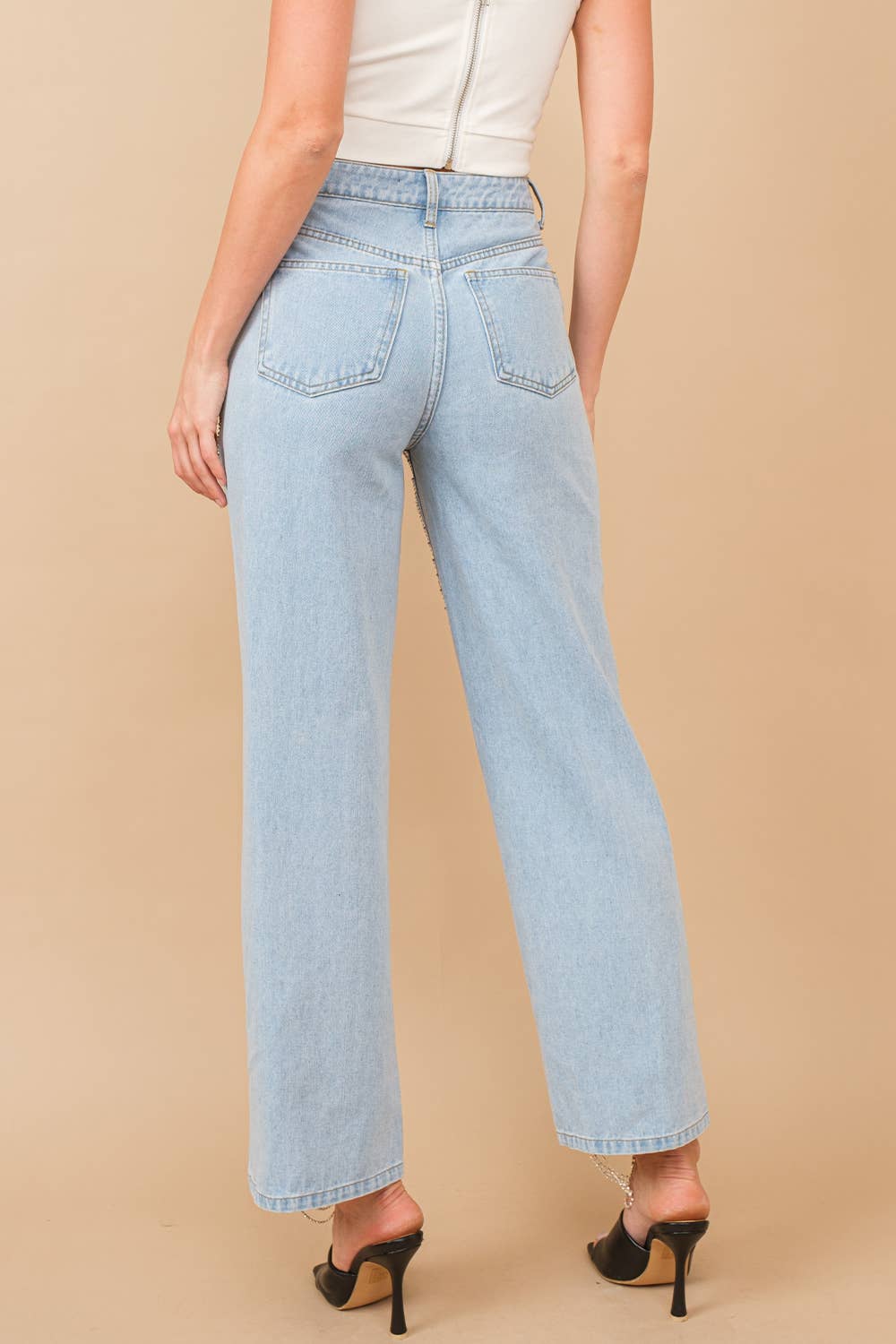 Blue B Cut Out Open Leg Rhinestone Chain Denim Jeans