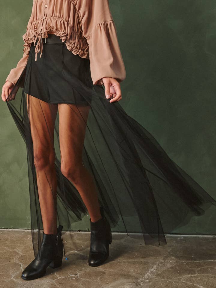 Black Belted Mesh Overlay Maxi Skort