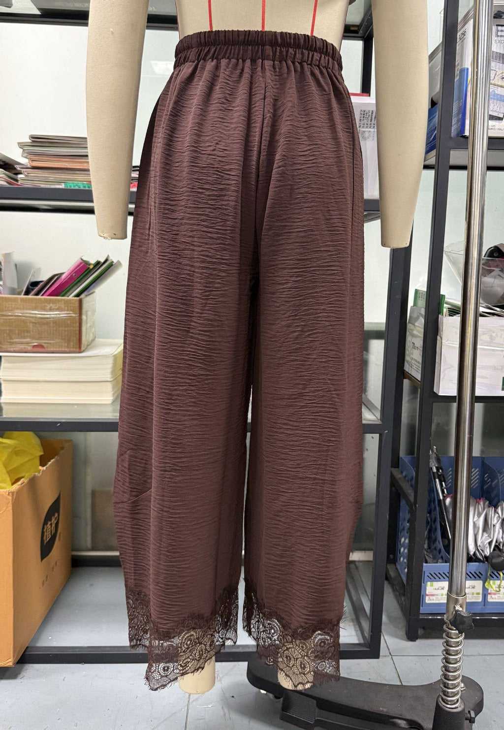 Brown Lace Trim Wide Leg Pants