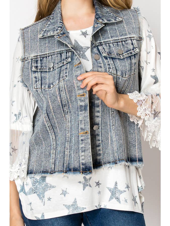 Blue Crystal Stripe Denim Vest