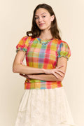 Colorful Checker Mesh Puff Sleeve Top