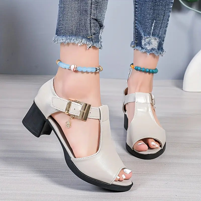 Fish mouth sandals summer new chunky mid-heel shoes