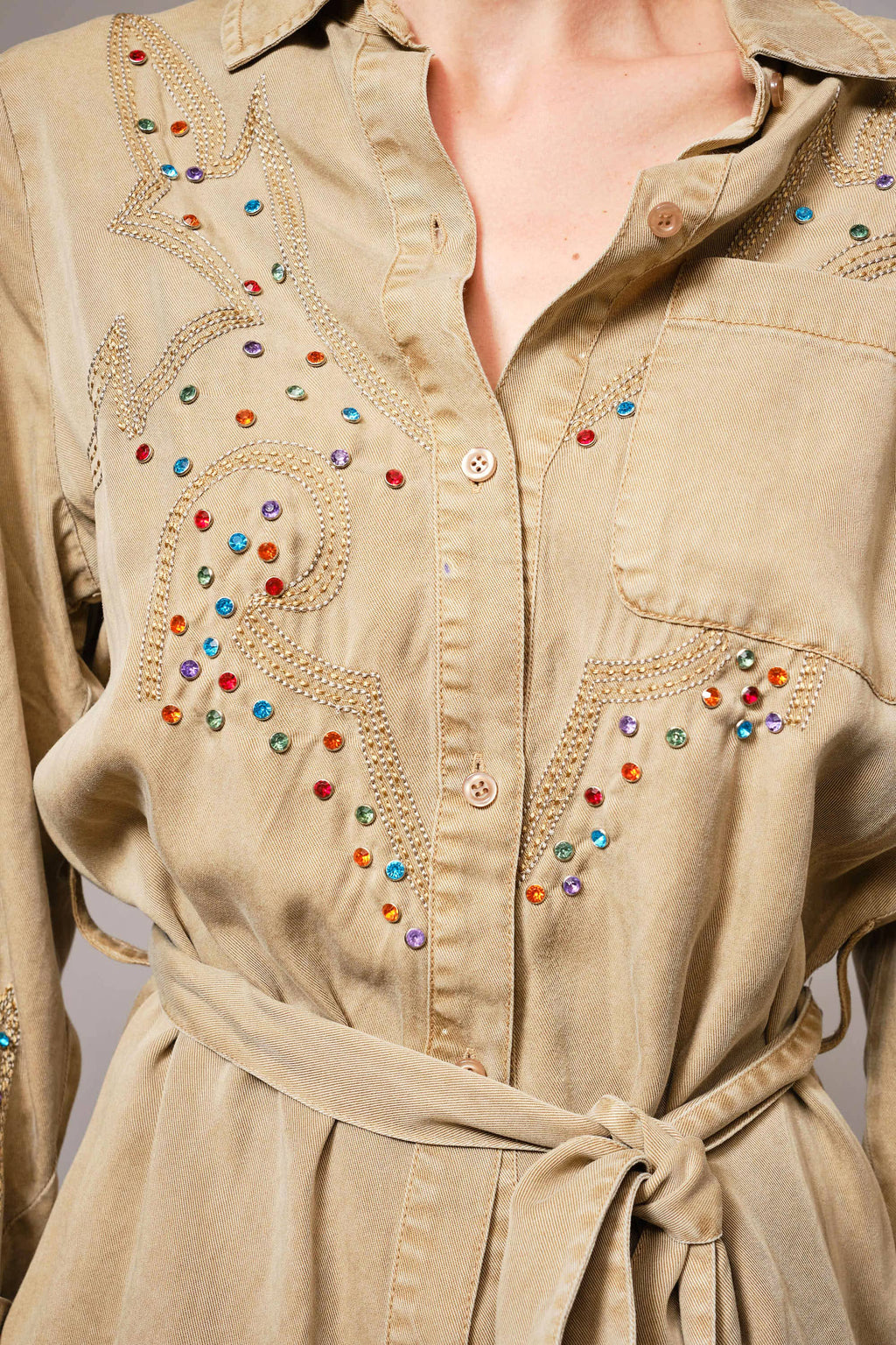 Blue B Camel Tencel Embroidered Studded Tunic