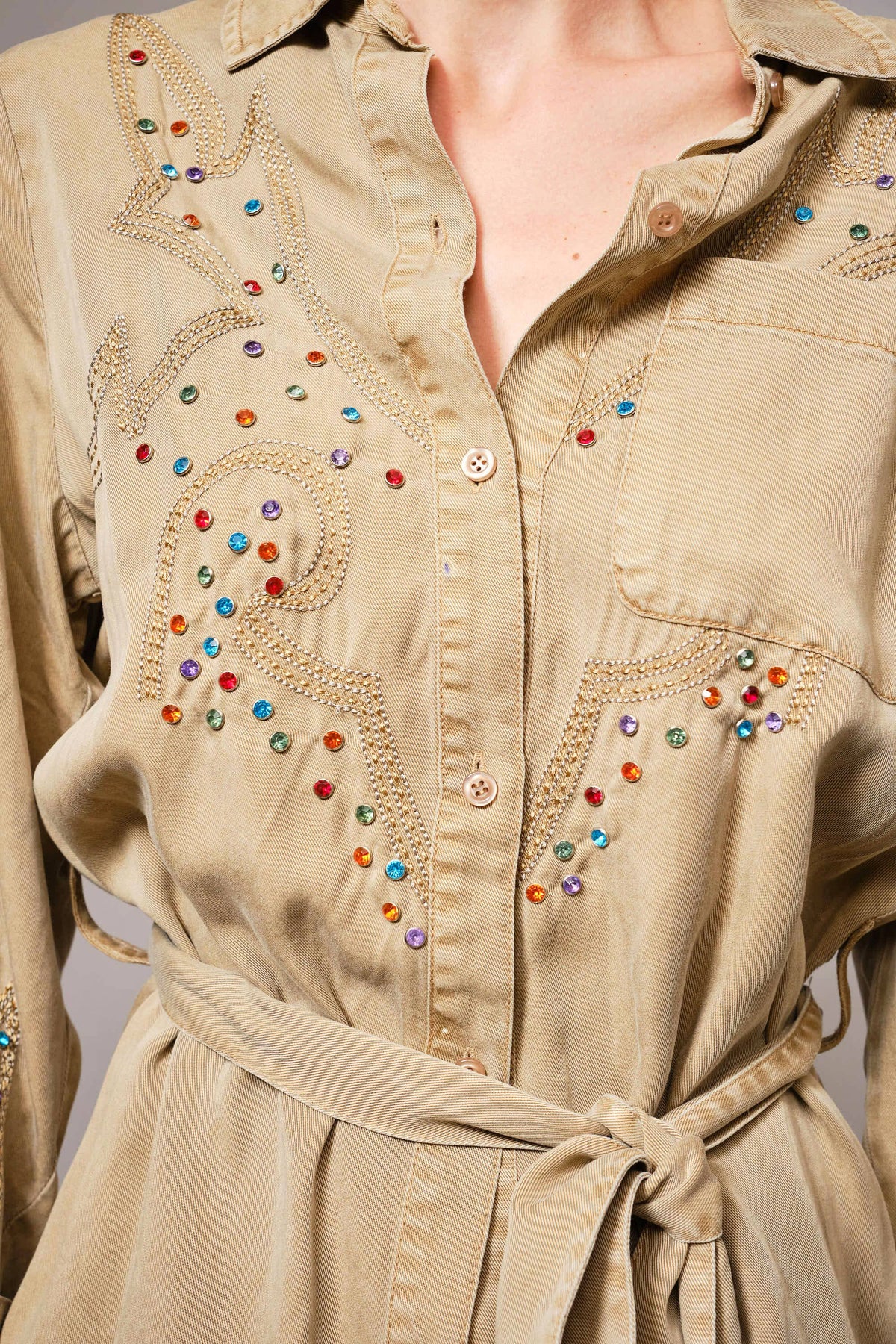Blue B Camel Tencel Embroidered Studded Tunic