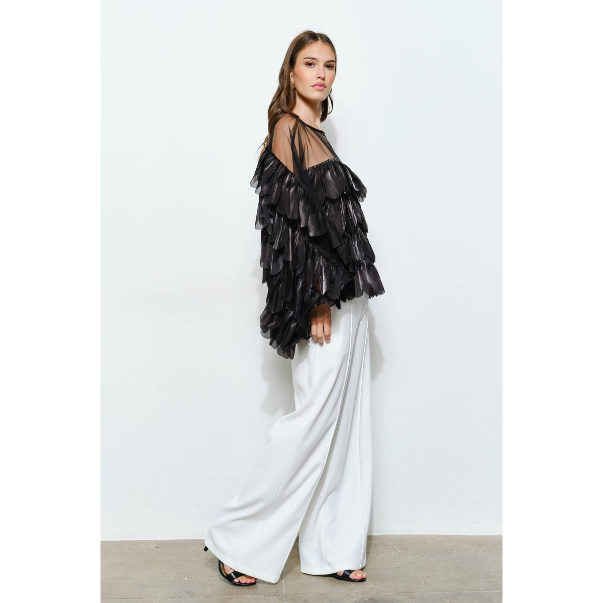 Black Shimmer Organza Scallop Ruffle Layered Blouse