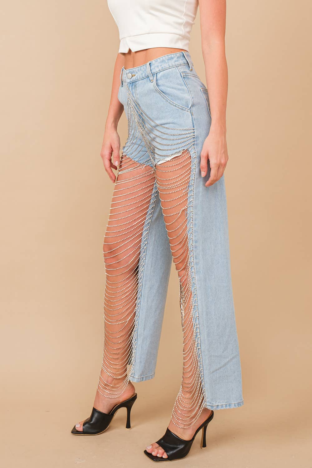 Blue B Cut Out Open Leg Rhinestone Chain Denim Jeans