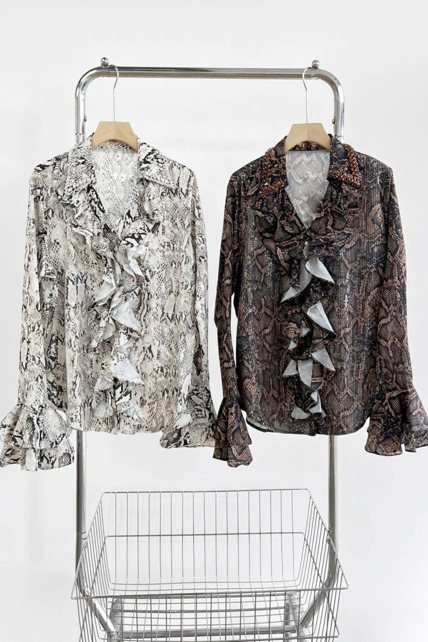 Caramel Snake Print Ruffle Blouse
