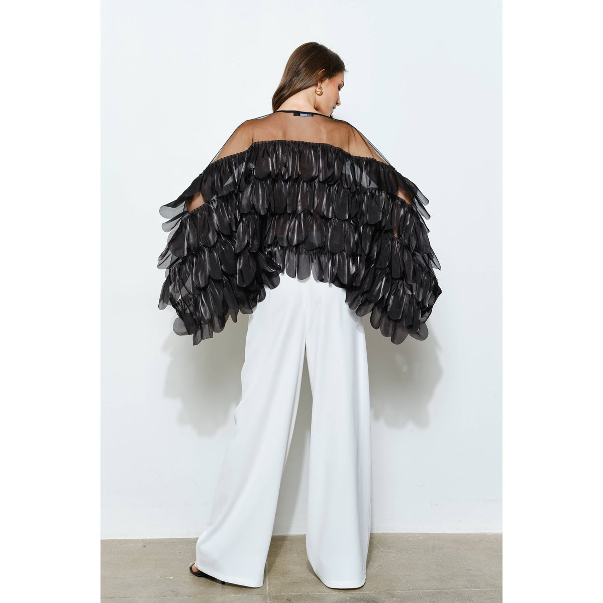 Black Shimmer Organza Scallop Ruffle Layered Blouse