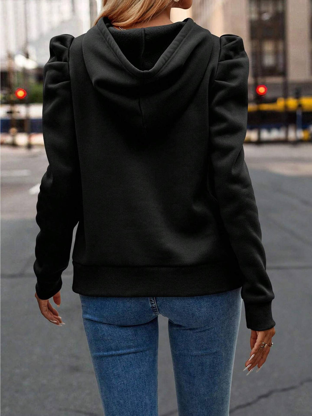 Black Lapel Puff Sleeve Hooded Top