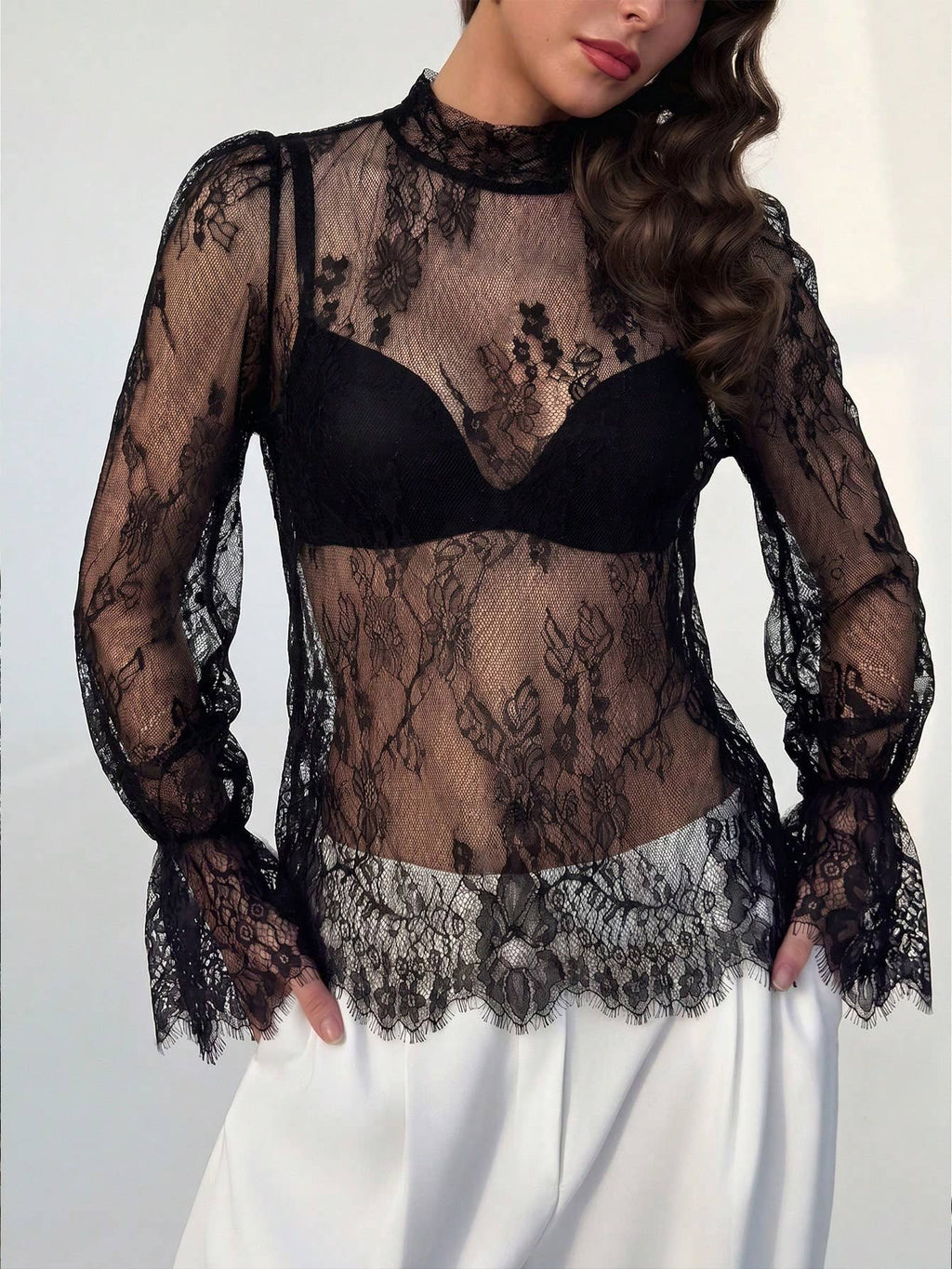 Black Sheer Lace Bell Sleeve Blouse