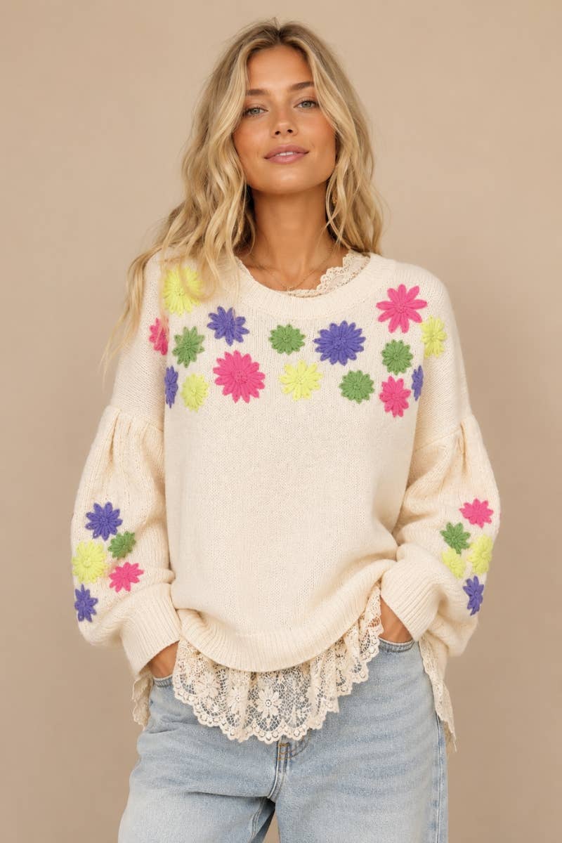 Cream Floral Embroidered Knit Sweater Top