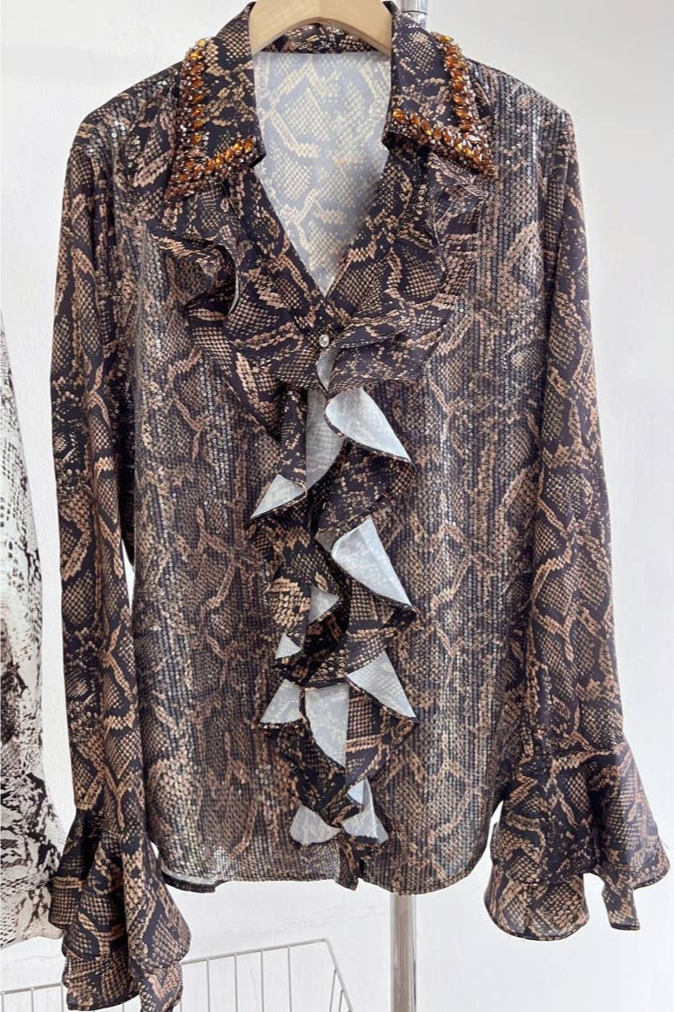Caramel Snake Print Ruffle Blouse